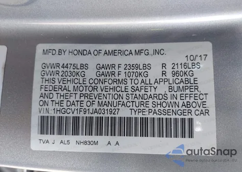 2018 Honda Accord Touring from USA, damaged, VIN 1HGCV1F91JA031927